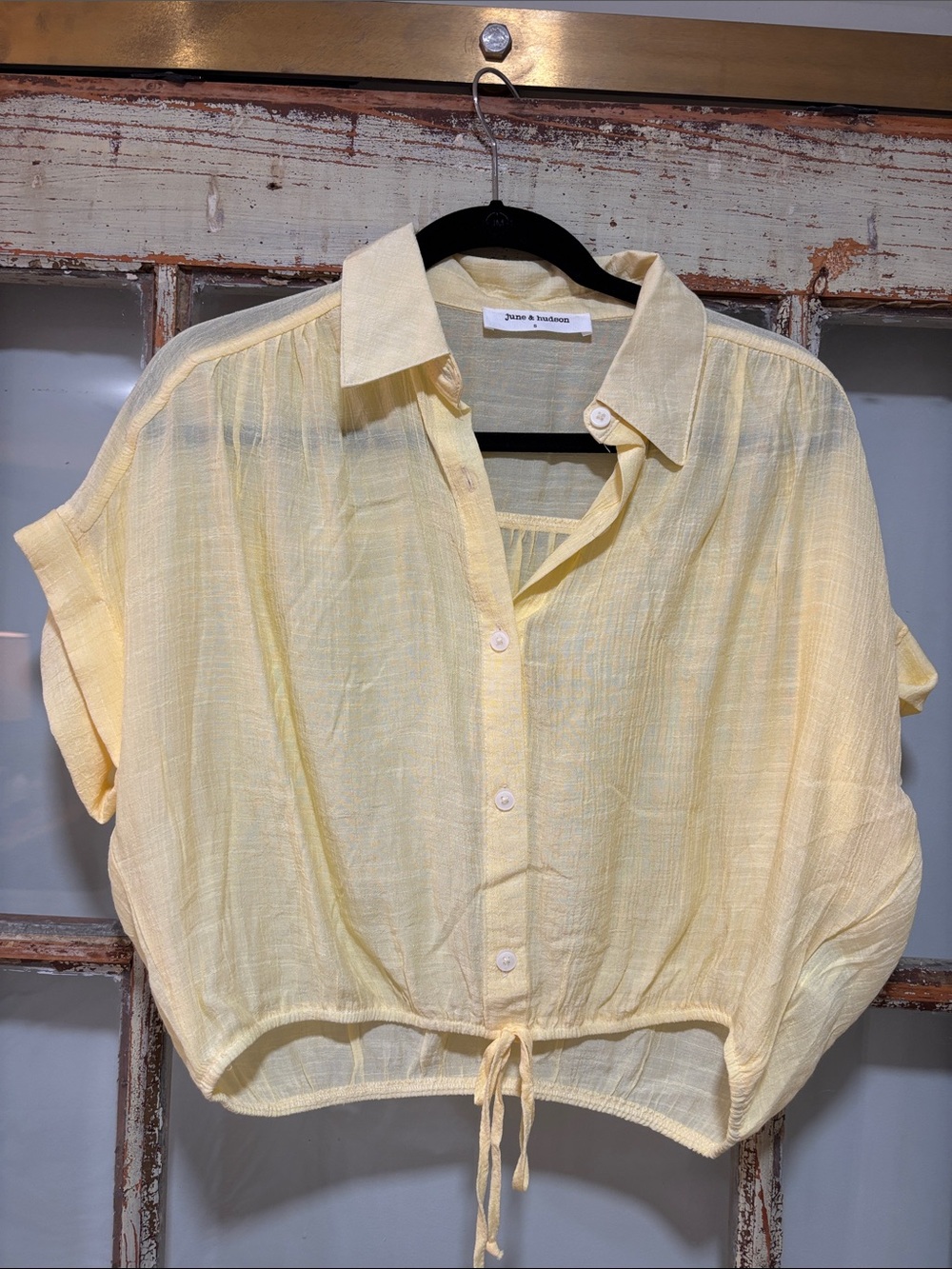 Light Yellow Button-Front Short Sleeve Drawstring Top